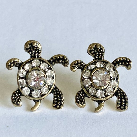 Crystal Sea Turtle Post Earrings Gold Tone Plated Nautical Island Beach Dainty - Picture 5 of 12